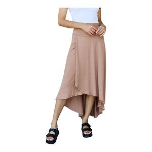 1907. NINEXIS FAUX WRAP MIDI LENGTH SKIRT SIZE X-LARGE COGNAC IN COLOR STRETCHY